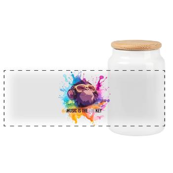 Music is the monkey pun - Panoramic Cookie Jar with Wooden Lid - white - Front