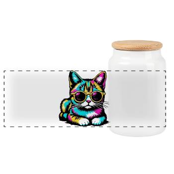 Chat avec lunettes de soleil - Boîte à biscuits avec couvercle en bois - blanc - Devant