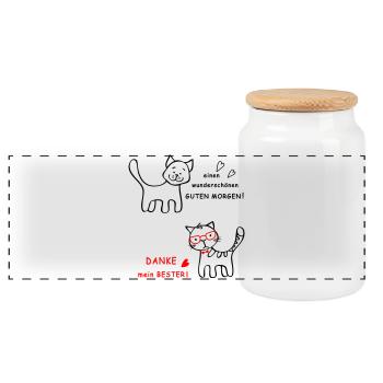 Good morning dog and cat - Panoramic Cookie Jar with Wooden Lid - white - Front