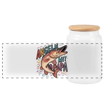 Angeln mit Papa Hecht und Angelspruch - Panorama Keksdose mit Holzdeckel - Weiß - Vorne