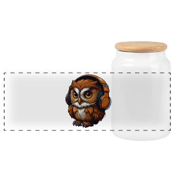 Owl with headphones - Panoramic Cookie Jar with Wooden Lid - white - Front