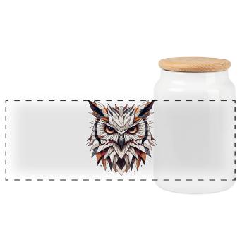 Geometric Owls Head Polygons Motif - Panoramic Cookie Jar with Wooden Lid - white - Front
