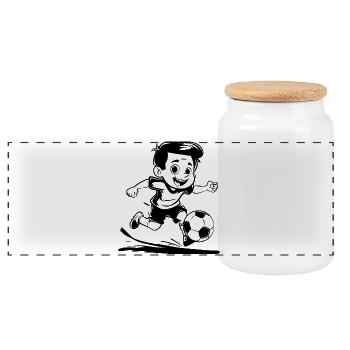 Soccer Boy Cartoon Look - Panoramic Cookie Jar with Wooden Lid - white - Front