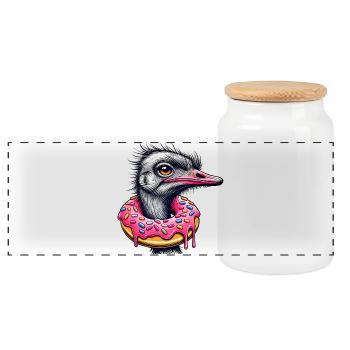 drôle de festin pour les yeux - Oiseau autruche avec beignet - Boîte à biscuits avec couvercle en bois - blanc - Devant