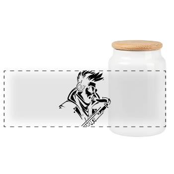 Saxophonist Drawing - Panoramic Cookie Jar with Wooden Lid - white - Front