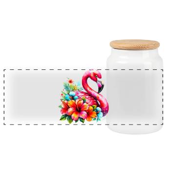 Flamingo verziert mit Hibiskusblüten - Panorama Keksdose mit Holzdeckel - Weiß - Vorne