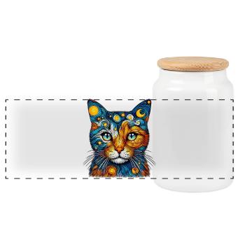 Cat - Panoramic Cookie Jar with Wooden Lid - white - Front