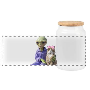 Alien und Katze – Galaktische Liebe - Panorama Keksdose mit Holzdeckel - Weiß - Vorne