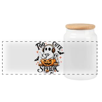 cool ghost with headphones on halloween pumpkin - Panoramic Cookie Jar with Wooden Lid - white - Front