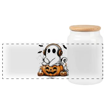 fantôme cool avec des écouteurs sur la citrouille d’halloween - Boîte à biscuits avec couvercle en bois - blanc - Devant