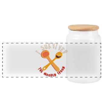 Surviving with Wooden Spoon Motif - Panoramic Cookie Jar with Wooden Lid - white - Front