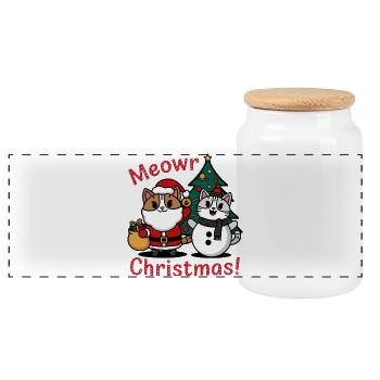 Festive Cat and Snowman Christmas Design - Panoramic Cookie Jar with Wooden Lid - white - Front