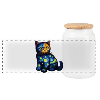 Cat - Panoramic Cookie Jar with Wooden Lid - white - Front