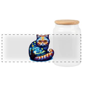 Cat - Panoramic Cookie Jar with Wooden Lid - white - Front