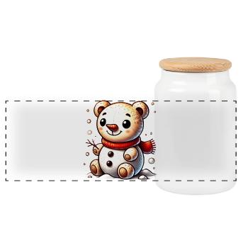 Snowman Bear with Scarf – Cute Winter Motif - Panoramic Cookie Jar with Wooden Lid - white - Front