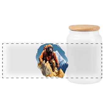Monkey Mountaineer / Hiking Monkey - Panoramic Cookie Jar with Wooden Lid - white - Front