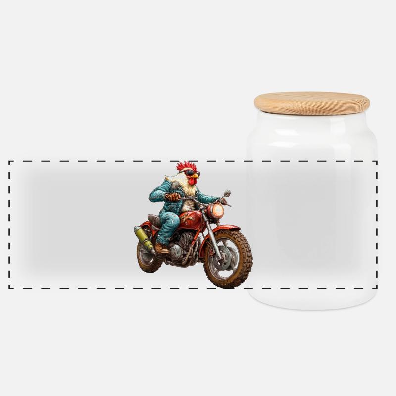 Hühner Motorrad - Panorama Keksdose mit Holzdeckel - Weiß