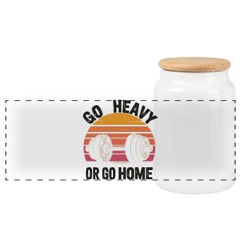 Go Heavy oder Go Home Retro Langhantel - Panorama Keksdose mit Holzdeckel - Weiß - Vorne