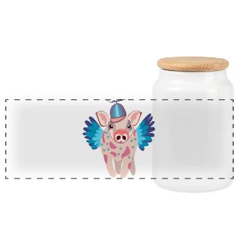 Pastellgeflügeltes Schwein mit Mütze - Panorama Keksdose mit Holzdeckel - Weiß - Vorne