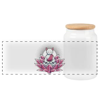 Peaceful meditating cat in lotus flower - Panoramic Cookie Jar with Wooden Lid - white - Front