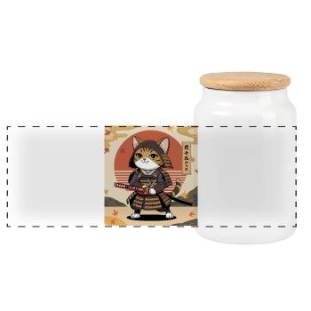 Samurai Cat – Japanese Warrior Cats Design - Panoramic Cookie Jar with Wooden Lid - white - Front