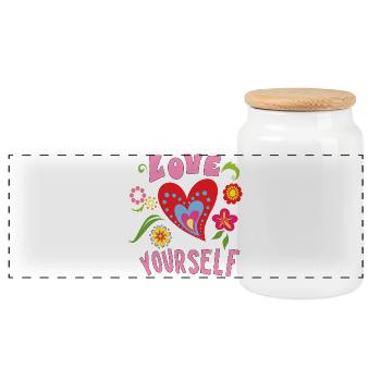 Love Yourself Herz mit kleinen Blüten - Panorama Keksdose mit Holzdeckel - Weiß - Vorne
