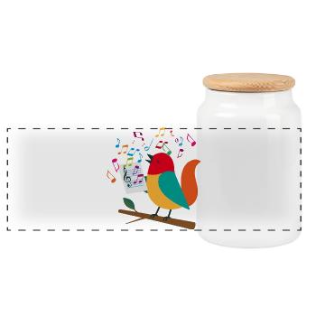 Singender Vogel mit bunten Noten – Musikmotiv - Panorama Keksdose mit Holzdeckel - Weiß - Vorne