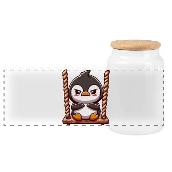 Curious penguin on swing Stubborn annoyed - Panoramic Cookie Jar with Wooden Lid - white - Front
