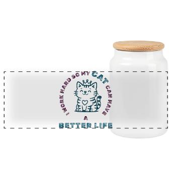 Work Hard for My Cat – Funny Pet Tee - Panoramic Cookie Jar with Wooden Lid - white - Front