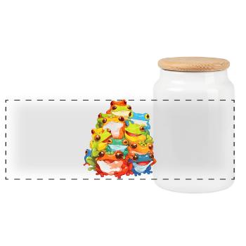 Colorful Frogs Ensemble Illustration - Panoramic Cookie Jar with Wooden Lid - white - Front