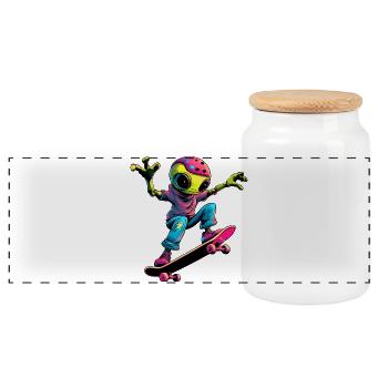 Skater Alien - Panoramic Cookie Jar with Wooden Lid - white - Front