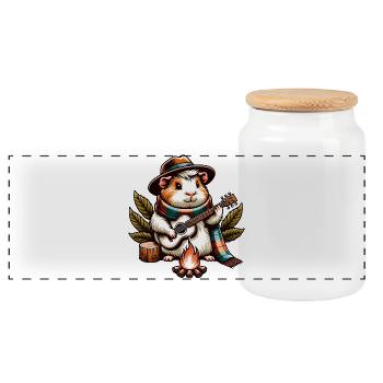 Guinea pig with guitar at campfire camping - Panoramic Cookie Jar with Wooden Lid - white - Front