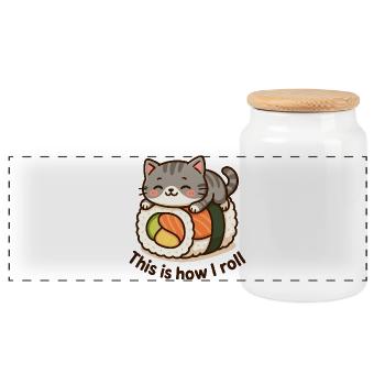 Cute Kitten Sushi Print - Panoramic Cookie Jar with Wooden Lid - white - Front