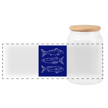 Dark blue fish pattern illustration - Panorama Keksdose mit Holzdeckel - Weiß - Vorne