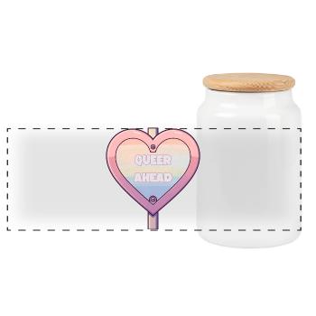 Queer Ahead – Regenbogen Herz Design - Panorama Keksdose mit Holzdeckel - Weiß - Vorne