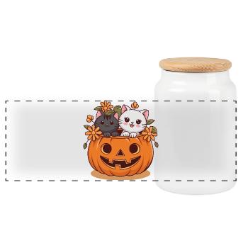 Katzen im Kürbiskopf Halloween Design - Panorama Keksdose mit Holzdeckel - Weiß - Vorne