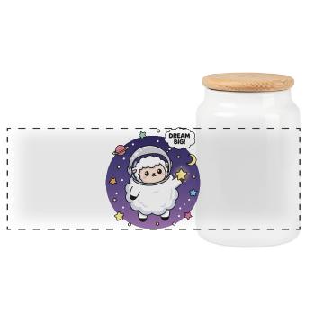 Cute Sheep Astronaut with Dream Cult - Panoramic Cookie Jar with Wooden Lid - white - Front