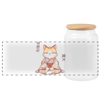 Anime Katze im Kimono – Zen Meditation Japan - Panorama Keksdose mit Holzdeckel - Weiß - Vorne
