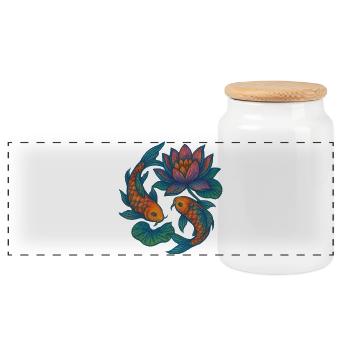 Vibrant Koi and Lotus Water Scene - Panoramic Cookie Jar with Wooden Lid - white - Front