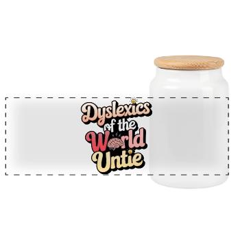Dyslexics of the World Unite Brain Theme - Panoramic Cookie Jar with Wooden Lid - white - Front