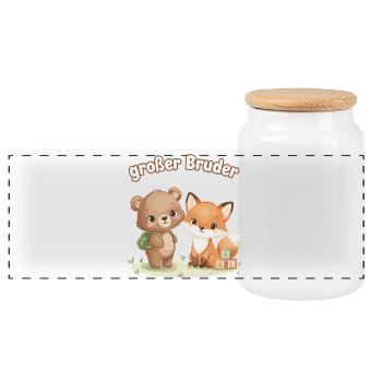 Big Brother Bear and Fox - Panoramic Cookie Jar with Wooden Lid - white - Front