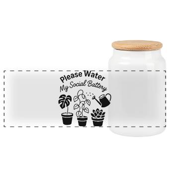 Please Water My Social Battery - Panoramic Cookie Jar with Wooden Lid - white - Front