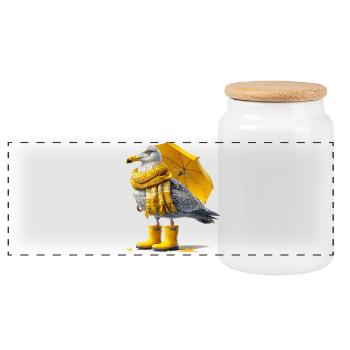 Seagull with yellow umbrella and boots - Panoramic Cookie Jar with Wooden Lid - white - Front