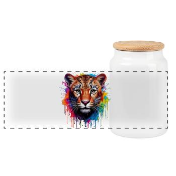 Leopard Color Explosion Watercolor Painting - Panoramic Cookie Jar with Wooden Lid - white - Front
