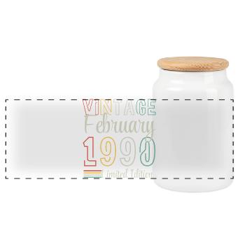 Vintage February 1990 – Anniversair Limited Edition - Panoramic Cookie Jar with Wooden Lid - white - Front