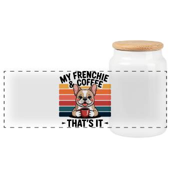Kaffeetrinkender Frenchie mit Regenbogen - Panorama Keksdose mit Holzdeckel - Weiß - Vorne
