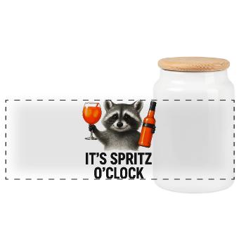 It's Spritz O'Clock Waschbär Party Geschenkidee - Panorama Keksdose mit Holzdeckel - Weiß - Vorne