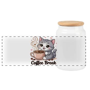 Süße Katze - Coffee Break - Panorama Keksdose mit Holzdeckel - Weiß - Vorne