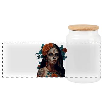 Sugar Skull Floral Crown - Panoramic Cookie Jar with Wooden Lid - white - Front