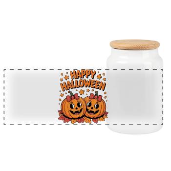 Kürbisfreude Happy Halloween Duo - Panorama Keksdose mit Holzdeckel - Weiß - Vorne